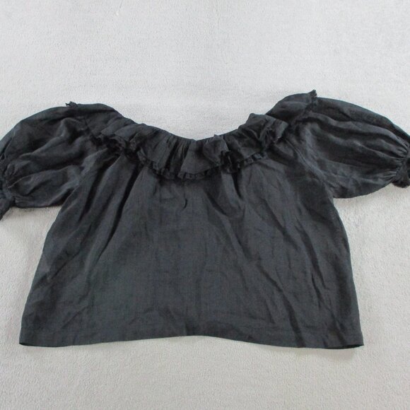 DOEN Samara Top Womens Small Black Ramie Tencel Blend Lace Ruffles Puff Sleeve - Picture 3 of 14